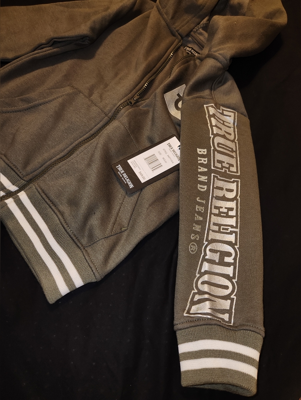 Boys True Religion Olive Green Zip-Up Hoodie with Sleeve Logo Size 5-6
